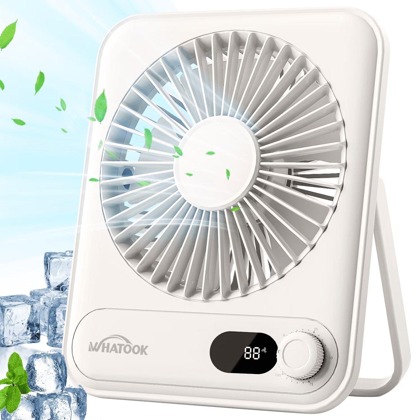 Desk Fan Portable Fan Rechargeable 2000Mah Personal Fan, Silent Small Table Fan Travel Fan for Sleeping with Display & 100-Speed, Desktop Fan for Bedroom Office Camping-White