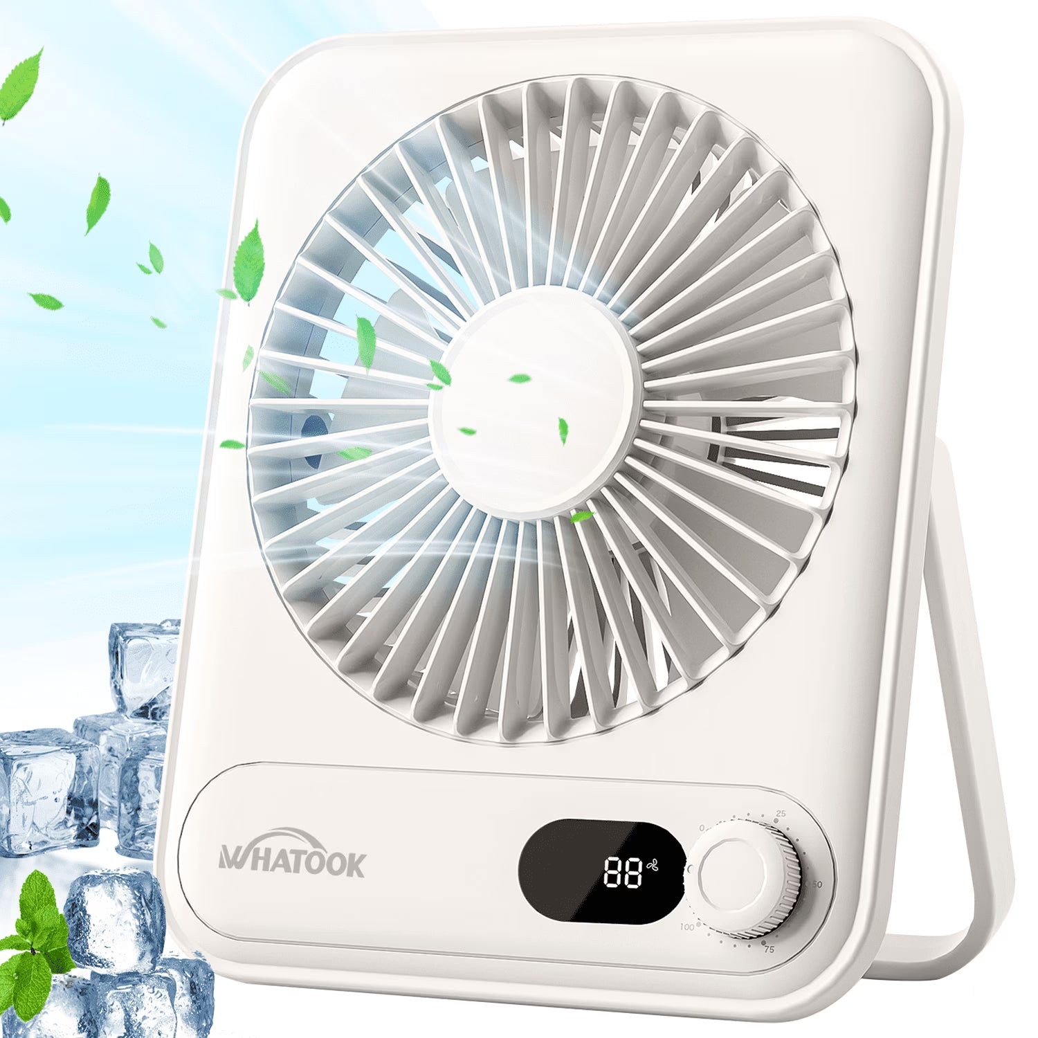 Desk Fan Portable Fan Rechargeable 2000Mah Personal Fan, Silent Small Table Fan Travel Fan for Sleeping with Display & 100-Speed, Desktop Fan for Bedroom Office Camping-White