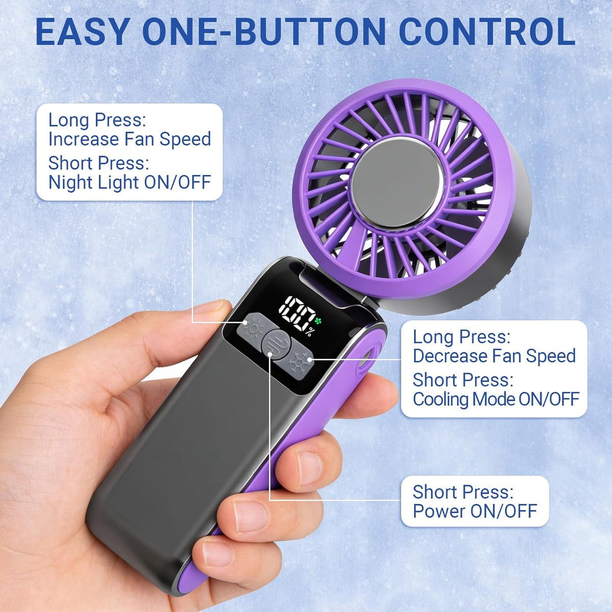 Portable Handheld Personal Fan with Night Light, Cooling Mode & 5 Speeds, 90° Foldable Rechargeable Mini Fan with Lanyard for Travel, Office & Outdoor (Purple)