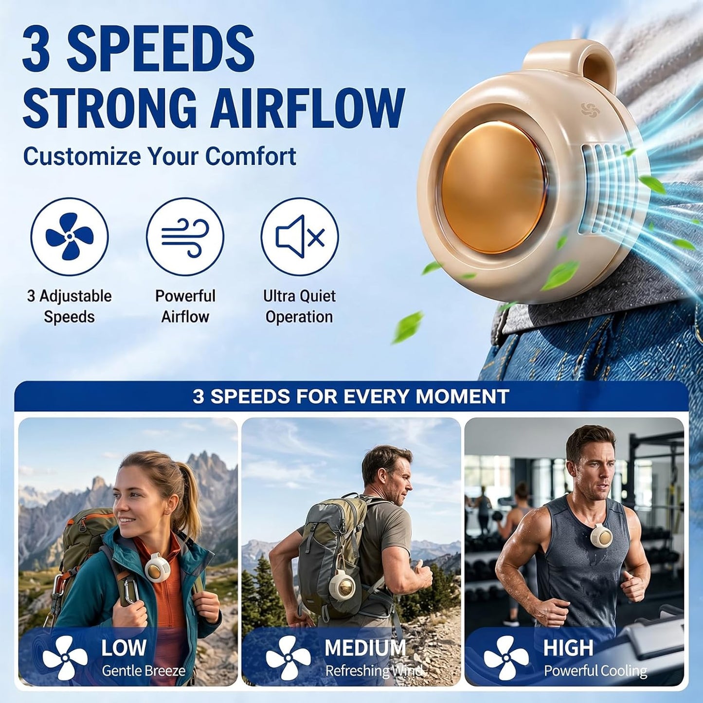 Portable Mini Clip on Fan, Clip-On Bladeless Fan for Shirt with 3 Speeds Mini Portable Fan for Waist Clips Suitable for Outdoor, Office, Travel, Sporting (Green)