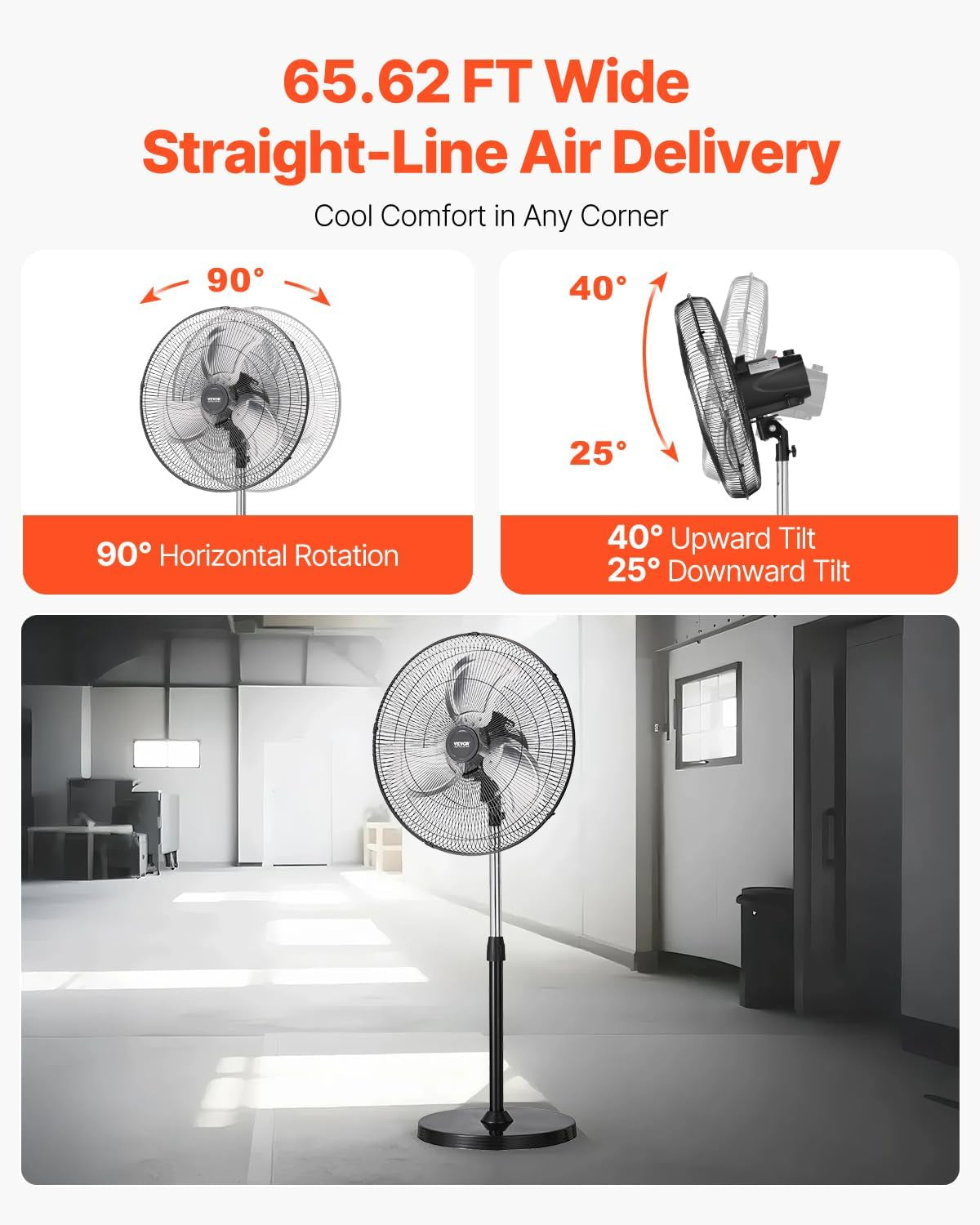 Industrial Pedestal Fan, 20 Inch 90-Degree Oscillating Fan, Height Adjustable Standing Fans with 3 Adjustable Speeds, High Power Floor Fans for Warehouse,Garage,Commercial, Black