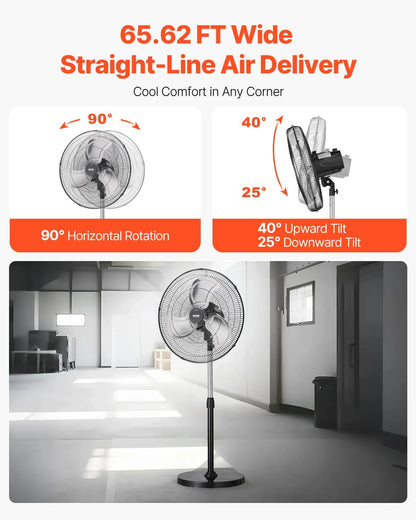 Industrial Pedestal Fan, 20 Inch 90-Degree Oscillating Fan, Height Adjustable Standing Fans with 3 Adjustable Speeds, High Power Floor Fans for Warehouse,Garage,Commercial, Black
