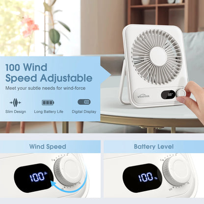 Desk Fan Portable Fan Rechargeable 2000Mah Personal Fan, Silent Small Table Fan Travel Fan for Sleeping with Display & 100-Speed, Desktop Fan for Bedroom Office Camping-White