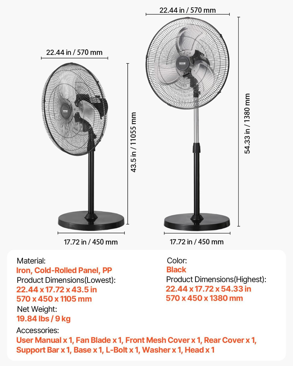 Industrial Pedestal Fan, 20 Inch 90-Degree Oscillating Fan, Height Adjustable Standing Fans with 3 Adjustable Speeds, High Power Floor Fans for Warehouse,Garage,Commercial, Black