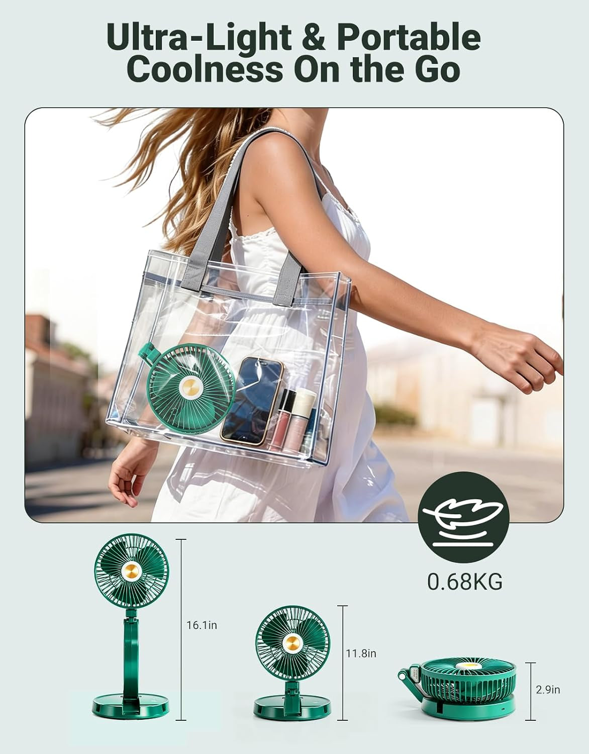 Portable Foldable Oscillating Fan, 6000Mah Battery Powered USB Rechargeable Fan, 16.1 Inches Wireless Desk Fan for Bedroom, Office, Camping and Travel, Green
