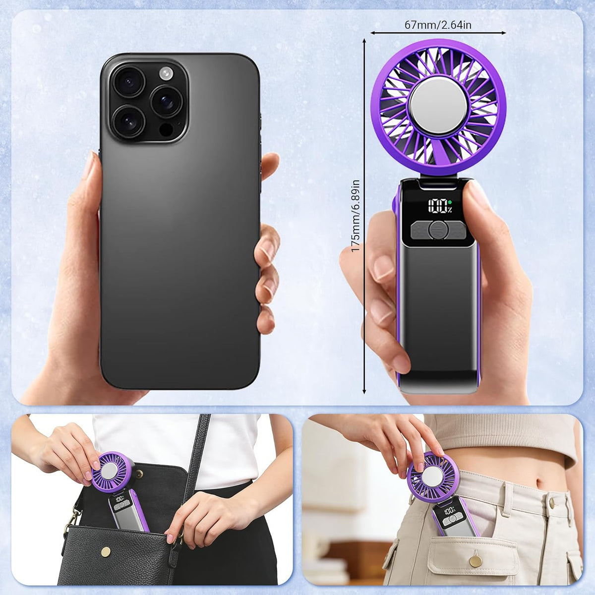 Portable Handheld Personal Fan with Night Light, Cooling Mode & 5 Speeds, 90° Foldable Rechargeable Mini Fan with Lanyard for Travel, Office & Outdoor (Purple)