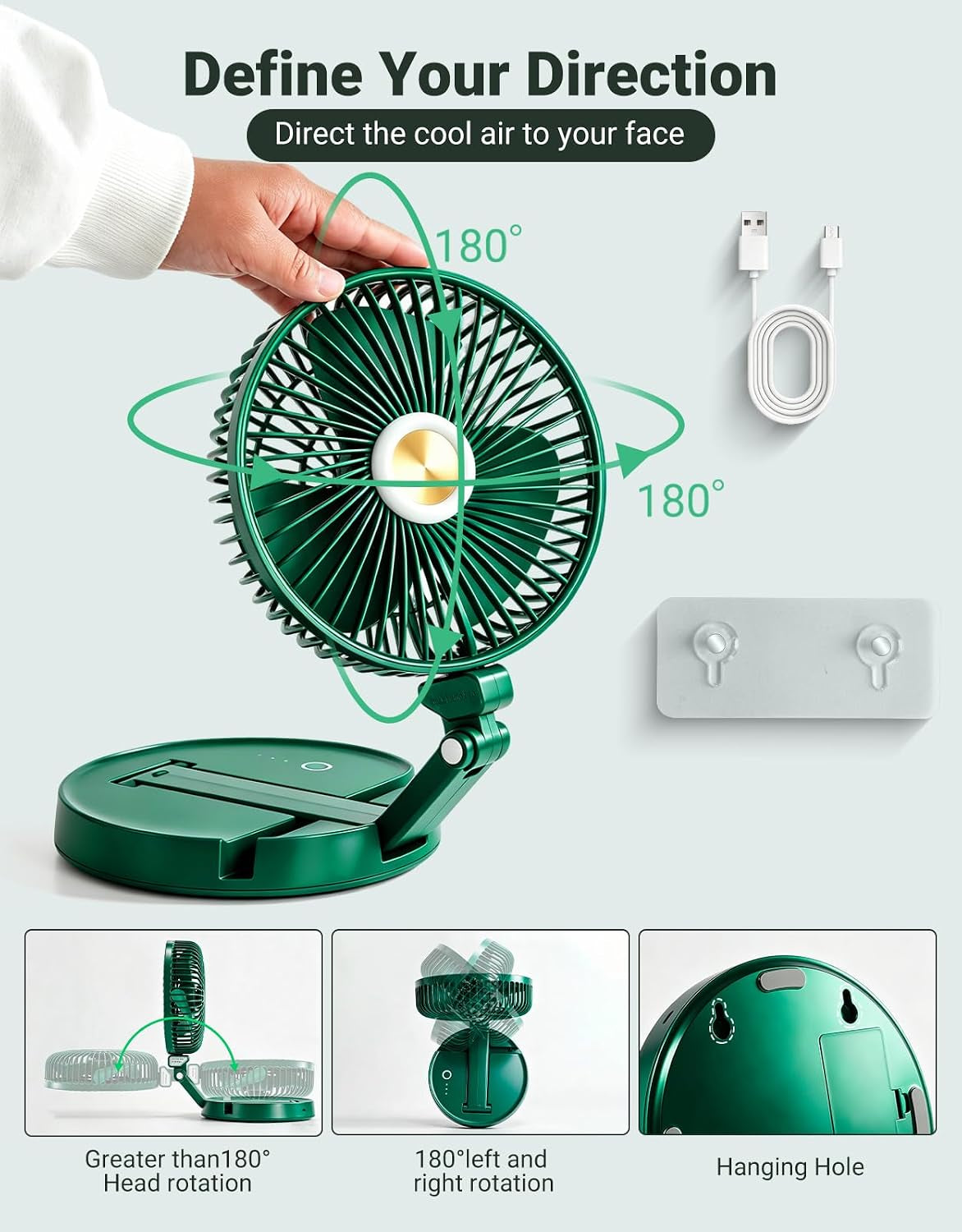 Portable Foldable Oscillating Fan, 6000Mah Battery Powered USB Rechargeable Fan, 16.1 Inches Wireless Desk Fan for Bedroom, Office, Camping and Travel, Green
