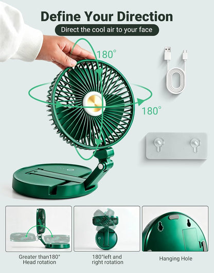 Portable Foldable Oscillating Fan, 6000Mah Battery Powered USB Rechargeable Fan, 16.1 Inches Wireless Desk Fan for Bedroom, Office, Camping and Travel, Green
