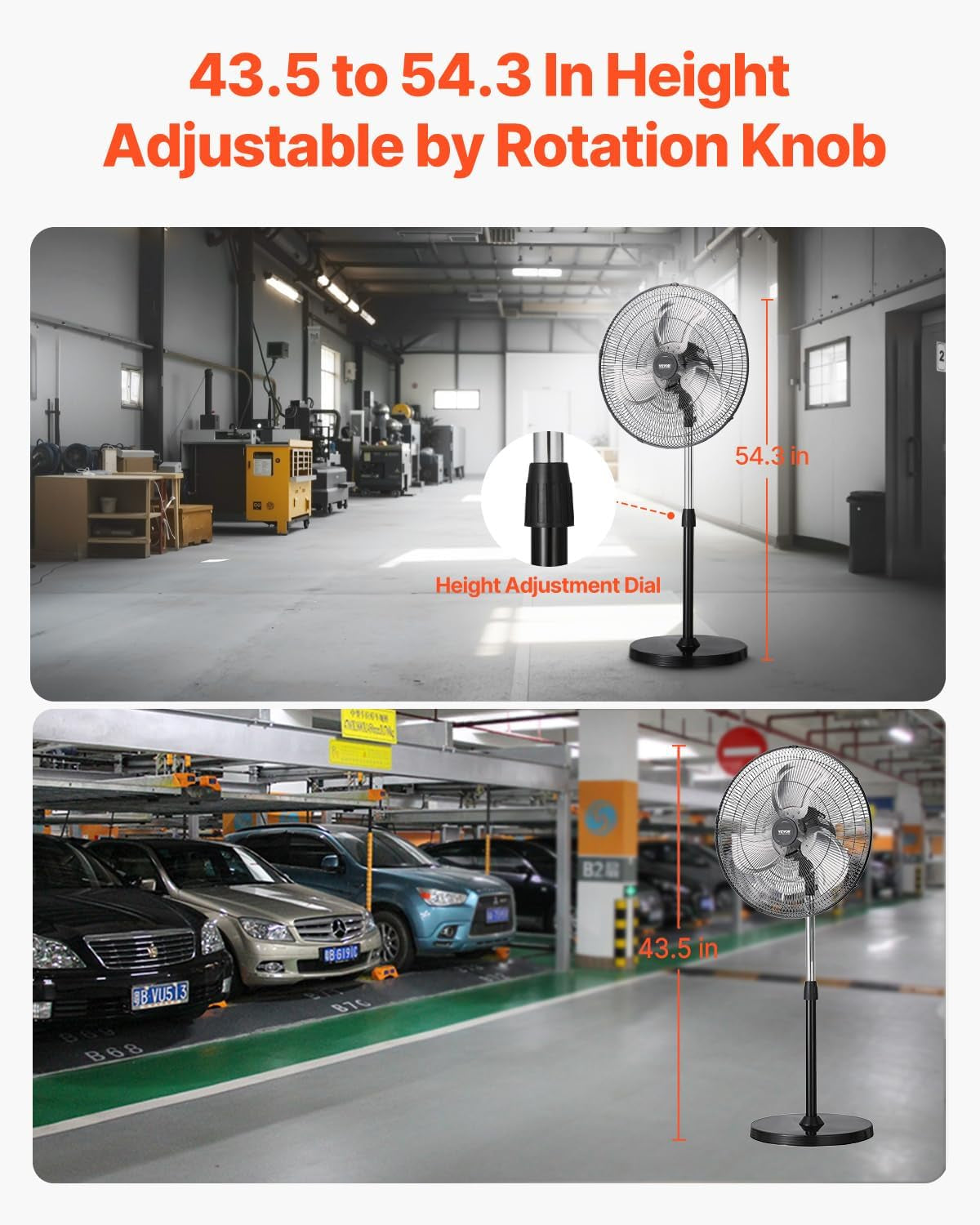 Industrial Pedestal Fan, 20 Inch 90-Degree Oscillating Fan, Height Adjustable Standing Fans with 3 Adjustable Speeds, High Power Floor Fans for Warehouse,Garage,Commercial, Black