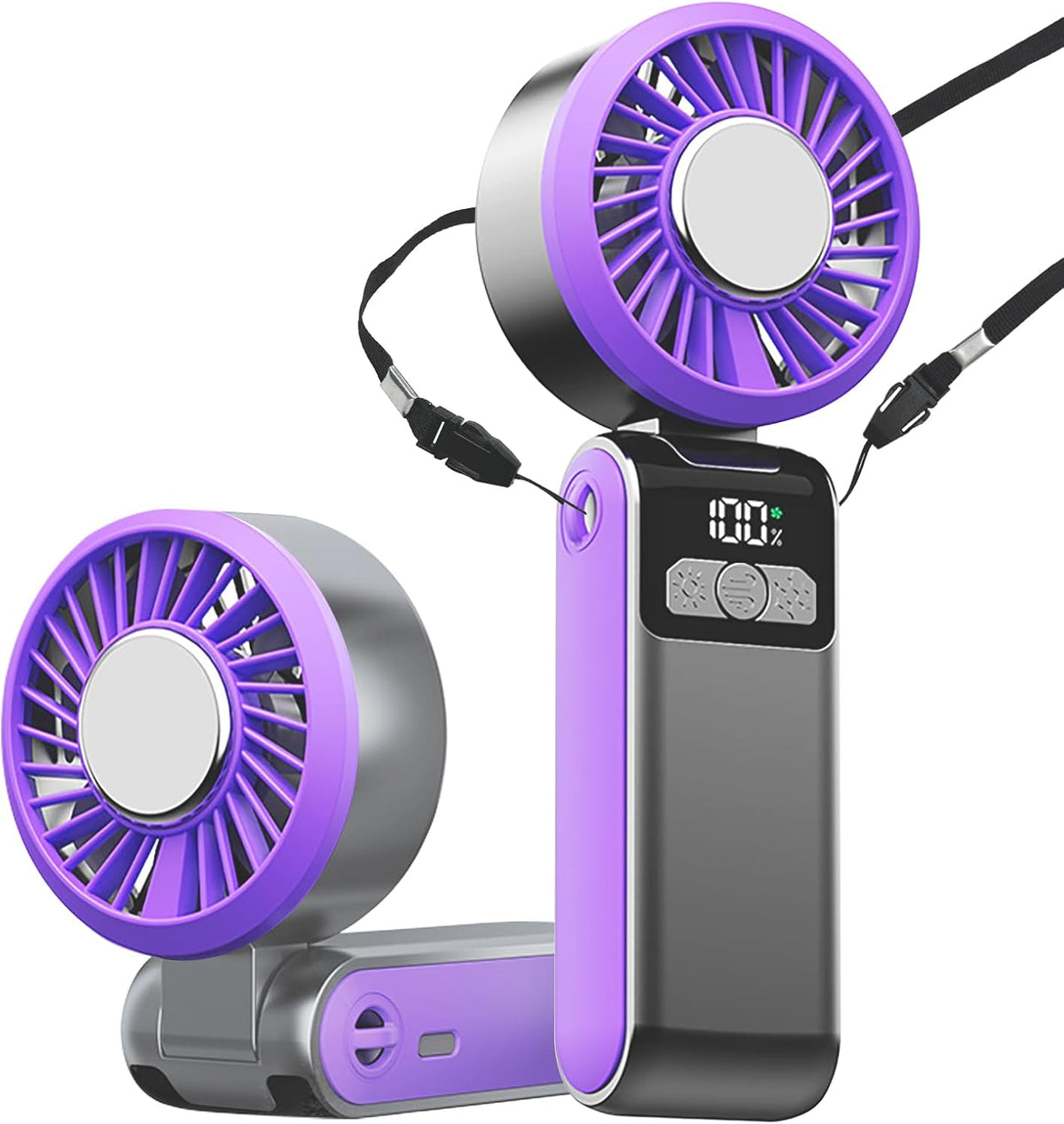 Portable Handheld Personal Fan with Night Light, Cooling Mode & 5 Speeds, 90° Foldable Rechargeable Mini Fan with Lanyard for Travel, Office & Outdoor (Purple)