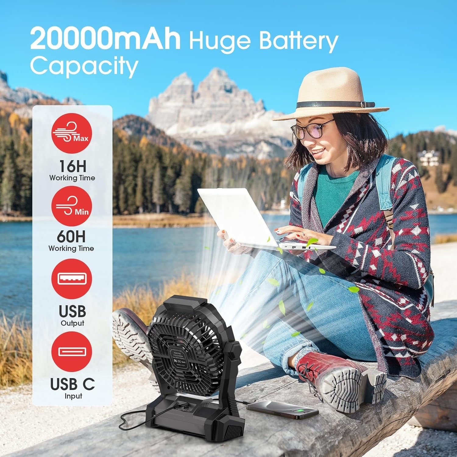Portable Fan Rechargeable 20000Mah Cordless Battery Powered Camping Fan | with LED Lantern, Small Table Fan, USB Battery Operated Fans for Travel Bedroom Home Camping Tent Office Beach Desk Black