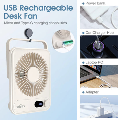 Desk Fan Portable Fan Rechargeable 2000Mah Personal Fan, Silent Small Table Fan Travel Fan for Sleeping with Display & 100-Speed, Desktop Fan for Bedroom Office Camping-White