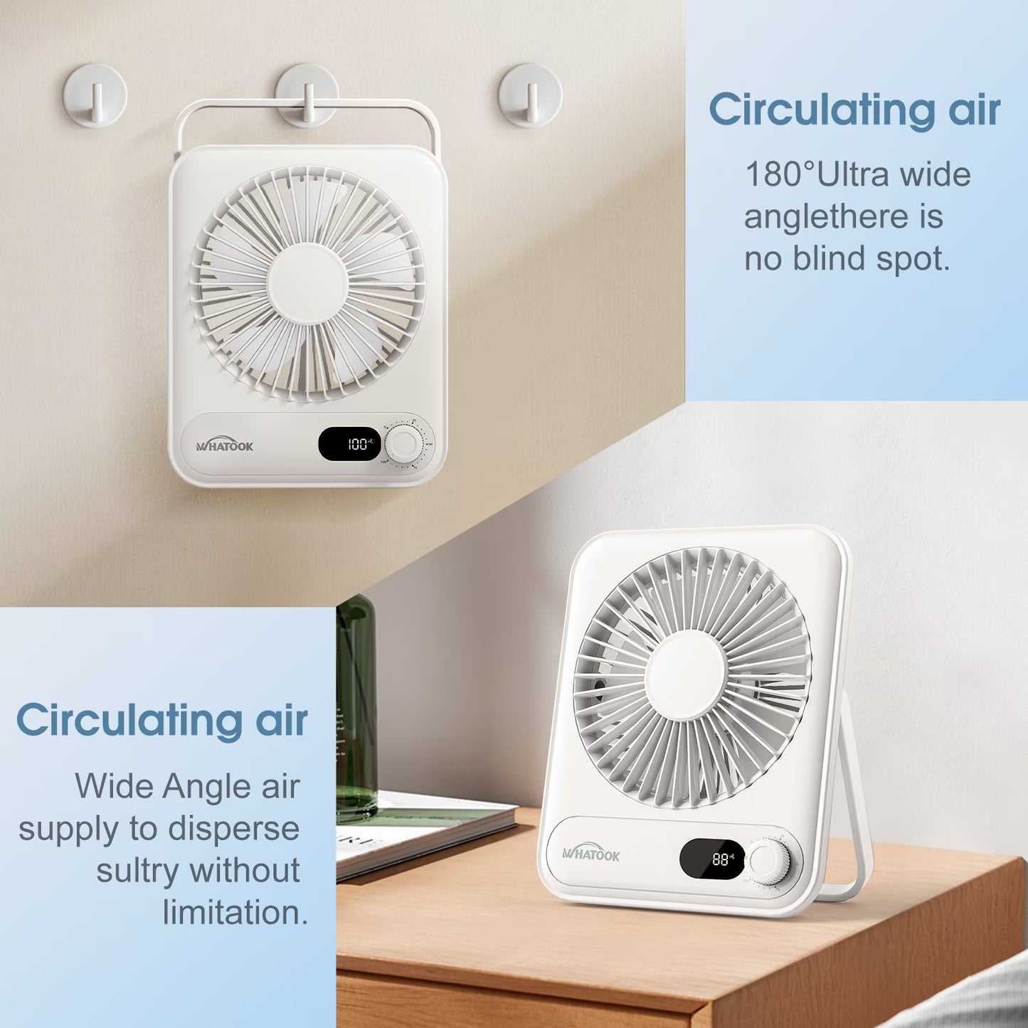 Desk Fan Portable Fan Rechargeable 2000Mah Personal Fan, Silent Small Table Fan Travel Fan for Sleeping with Display & 100-Speed, Desktop Fan for Bedroom Office Camping-White