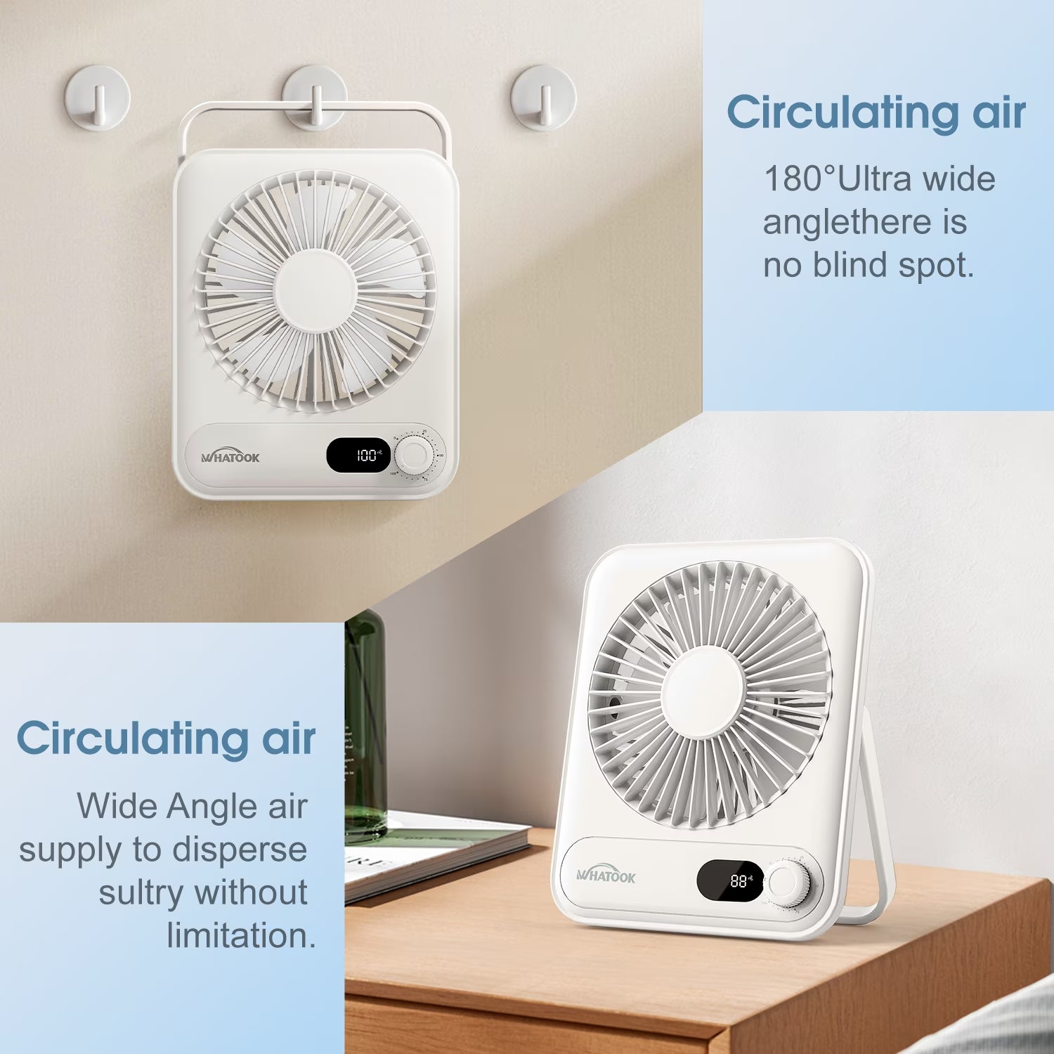 Desk Fan Portable Fan Rechargeable 2000Mah Personal Fan, Silent Small Table Fan Travel Fan for Sleeping with Display & 100-Speed, Desktop Fan for Bedroom Office Camping-White