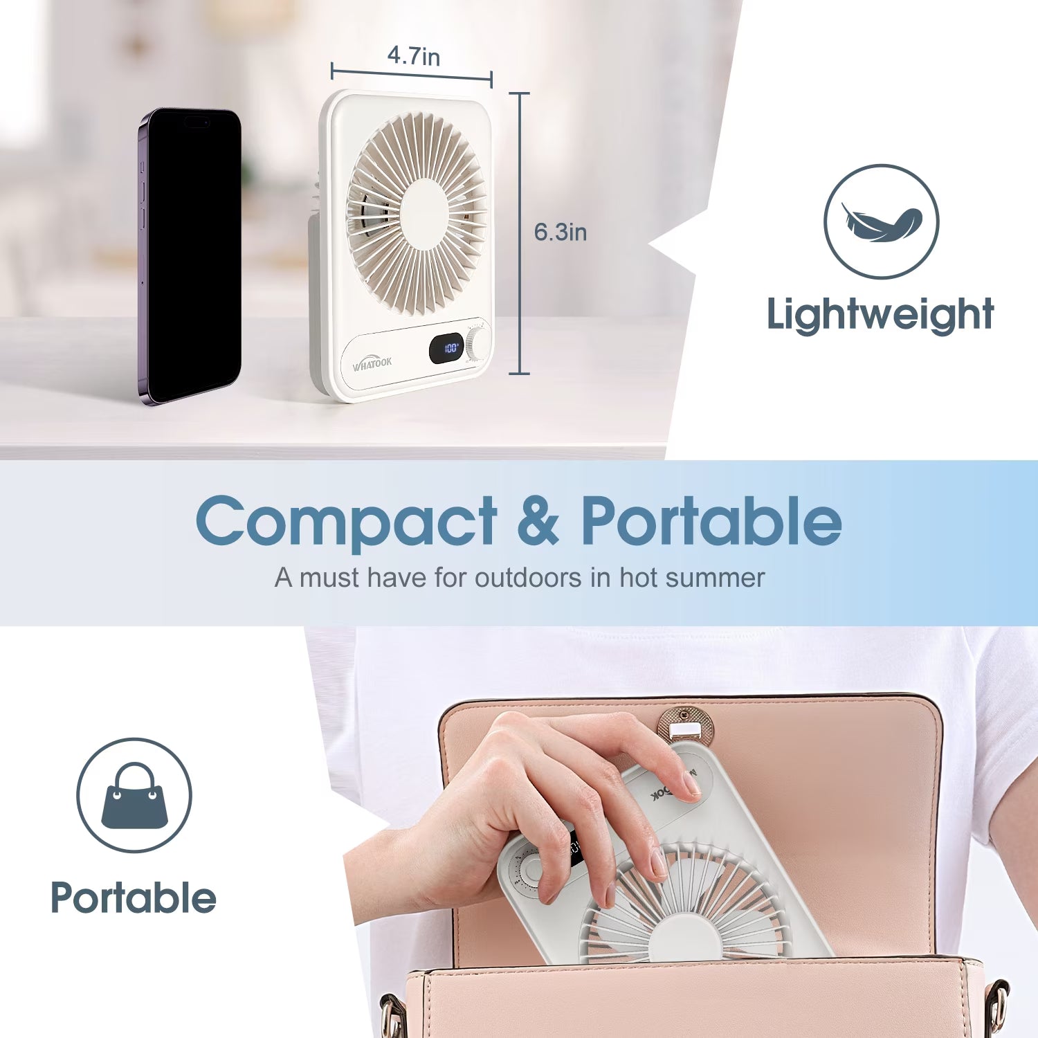 Desk Fan Portable Fan Rechargeable 2000Mah Personal Fan, Silent Small Table Fan Travel Fan for Sleeping with Display & 100-Speed, Desktop Fan for Bedroom Office Camping-White