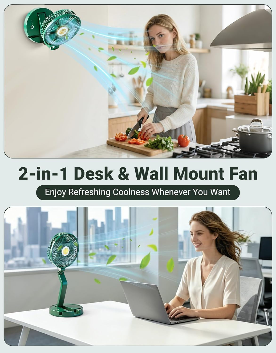 Portable Foldable Oscillating Fan, 6000Mah Battery Powered USB Rechargeable Fan, 16.1 Inches Wireless Desk Fan for Bedroom, Office, Camping and Travel, Green