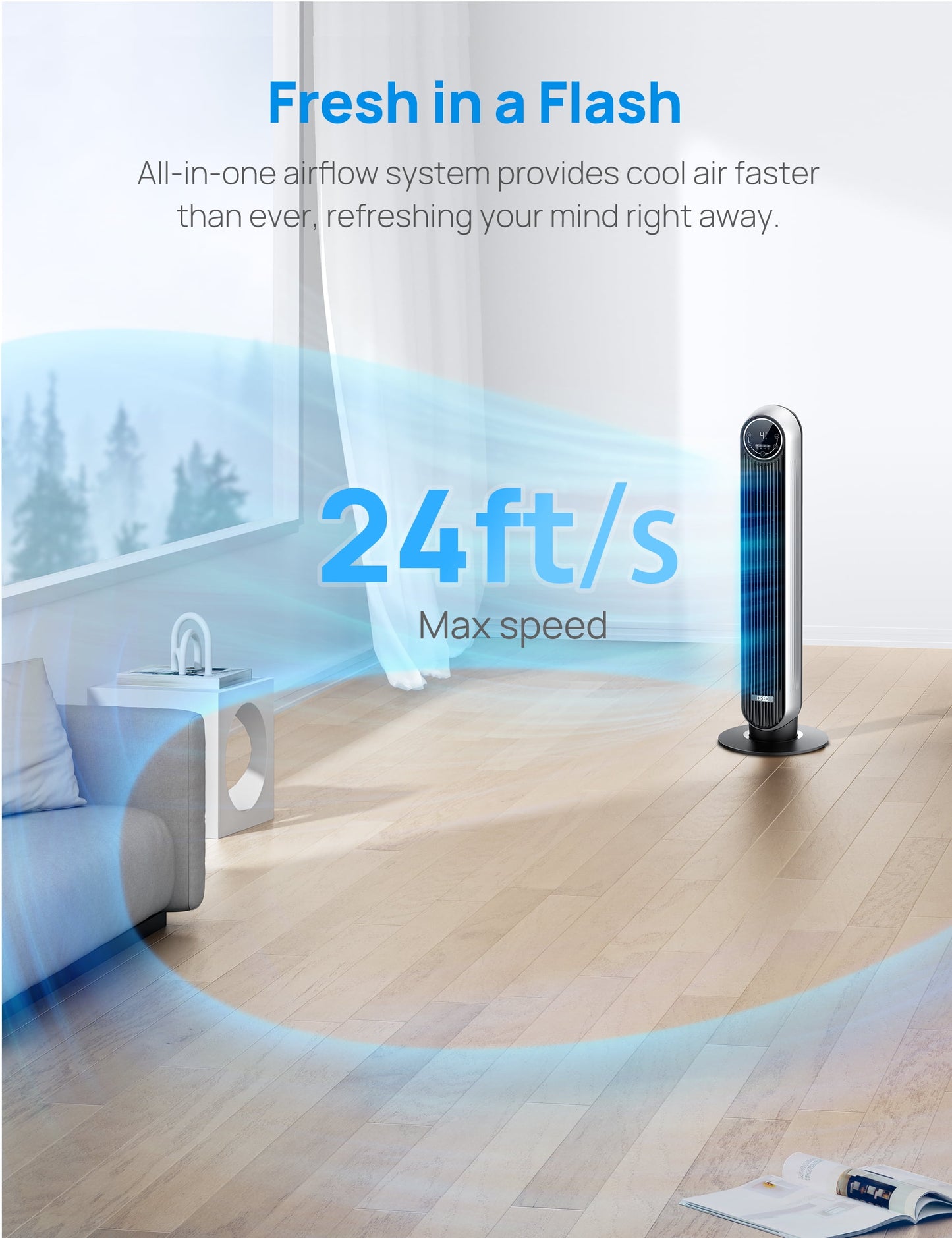 Tower Fans for Home, 90° Oscillating Standing Fans with Remote, 24 Ft/S Velocity Quiet Bedroom Fan, 4 Speeds, 4Modes, 8H Timer, Bladeless Floor Fan, Black Silver