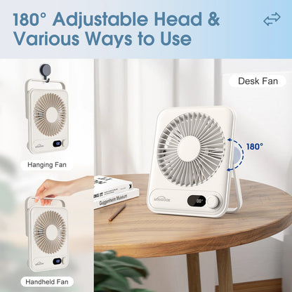 Desk Fan Portable Fan Rechargeable 2000Mah Personal Fan, Silent Small Table Fan Travel Fan for Sleeping with Display & 100-Speed, Desktop Fan for Bedroom Office Camping-White