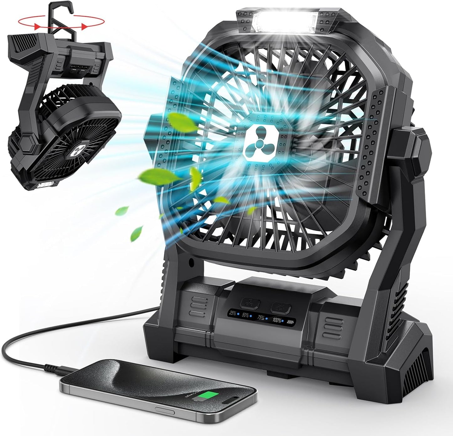 Portable Fan Rechargeable 20000Mah Cordless Battery Powered Camping Fan | with LED Lantern, Small Table Fan, USB Battery Operated Fans for Travel Bedroom Home Camping Tent Office Beach Desk Black
