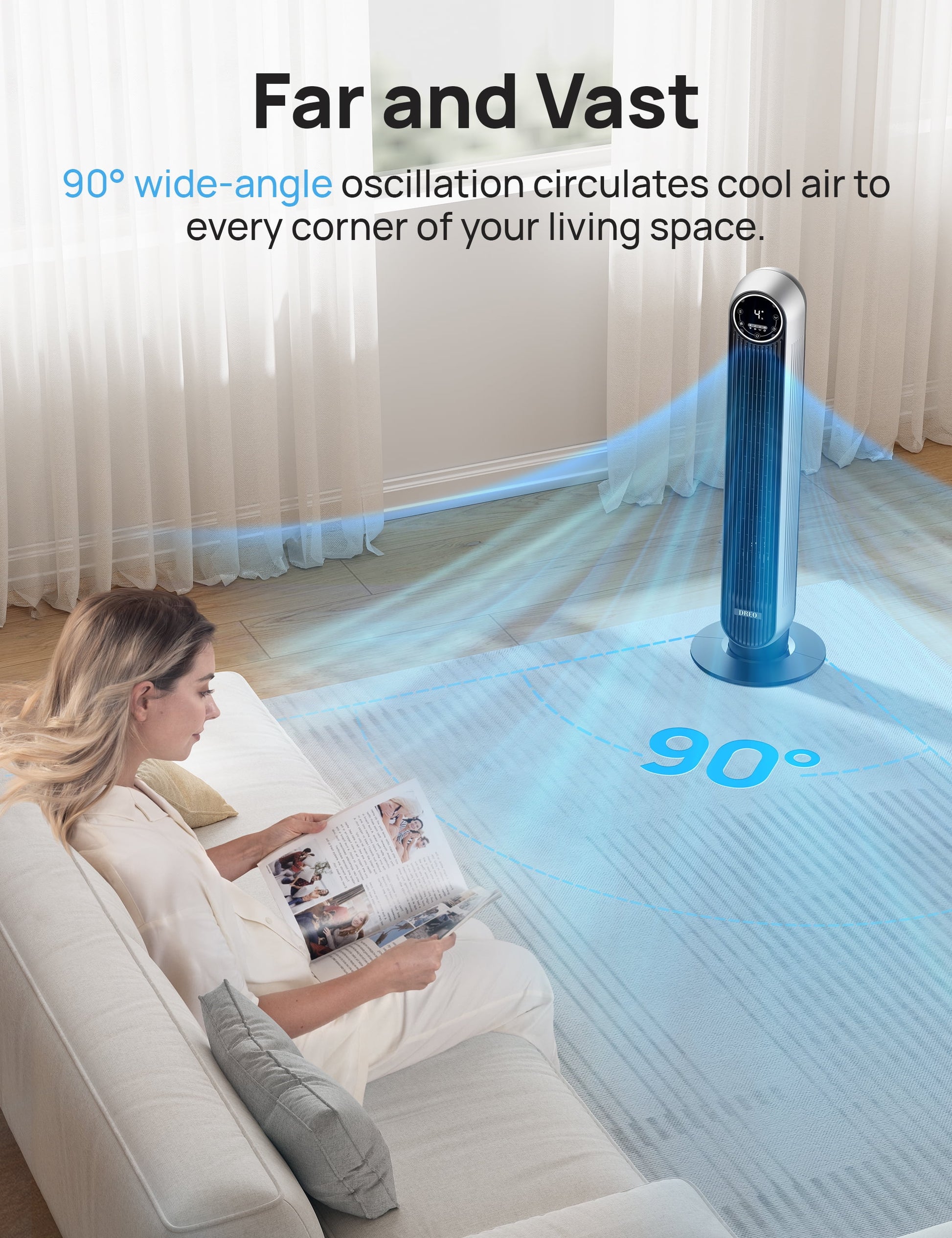 Tower Fans for Home, 90° Oscillating Standing Fans with Remote, 24 Ft/S Velocity Quiet Bedroom Fan, 4 Speeds, 4Modes, 8H Timer, Bladeless Floor Fan, Black Silver