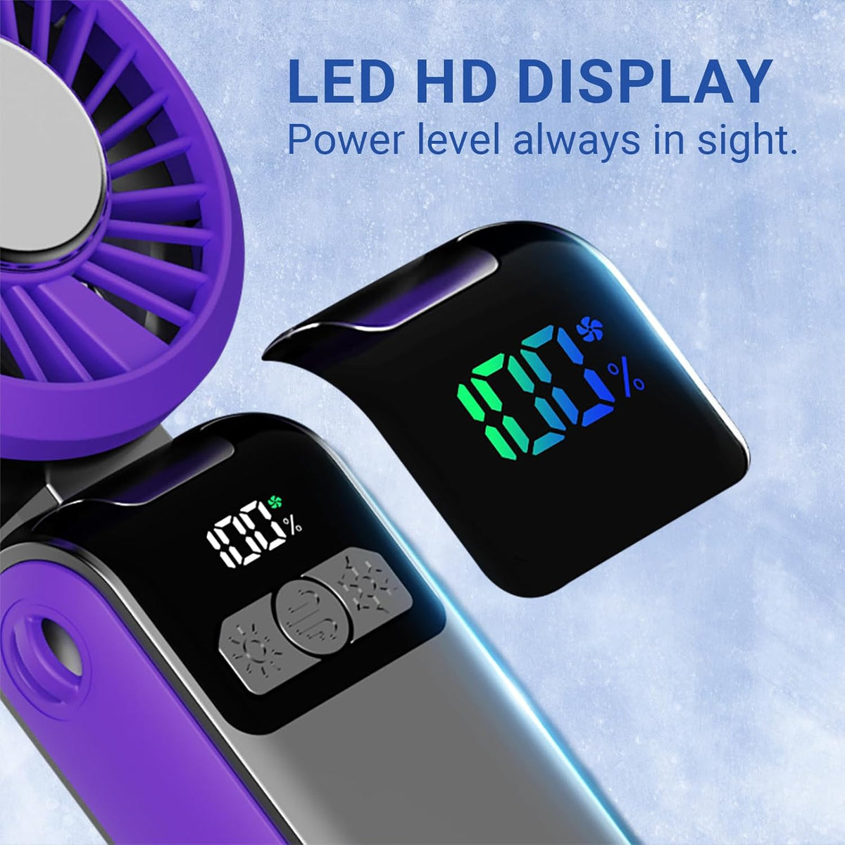 Portable Handheld Personal Fan with Night Light, Cooling Mode & 5 Speeds, 90° Foldable Rechargeable Mini Fan with Lanyard for Travel, Office & Outdoor (Purple)