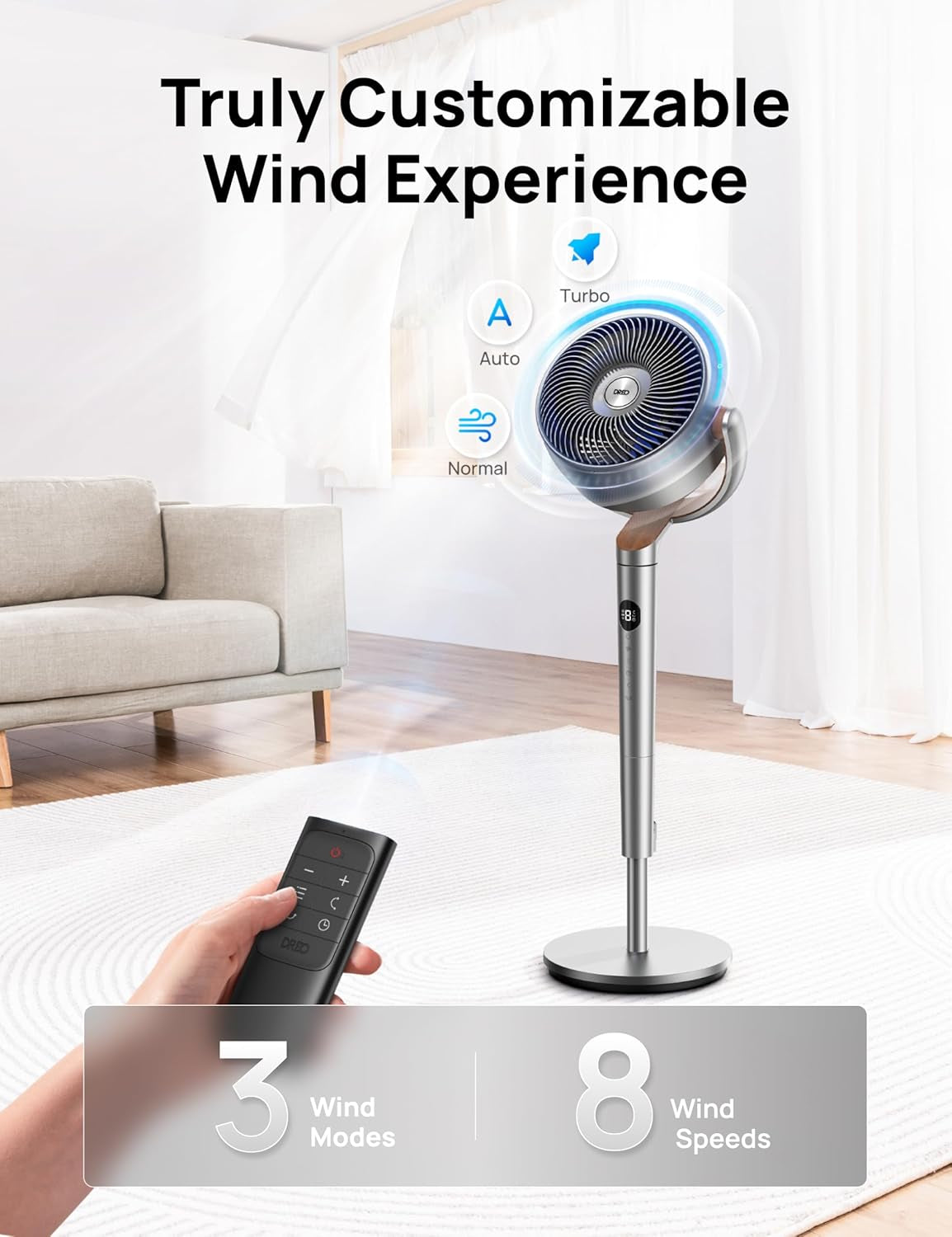 DREO Fan for Bedroom, 120°+120°Omni-Directional Oscillating Fan, 90Ft, DC Motor, 20 Db Quiet Standing Pedestal Fans, 8 Speeds, 3 Modes Circulator with Remote, 35-40" Adjustable Height, 8H Timer